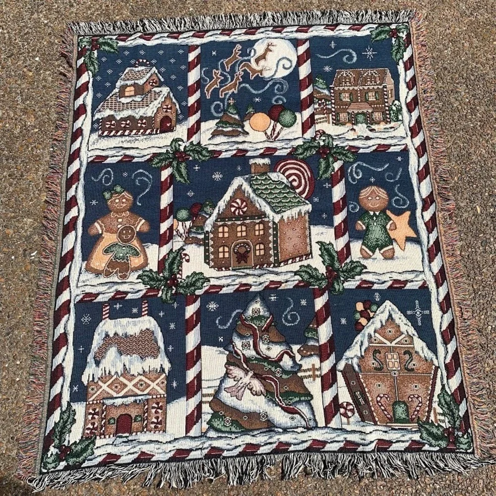 Vintage Christmas Gingerbread Village Peppermint Woven Throw Blanket Tapestry